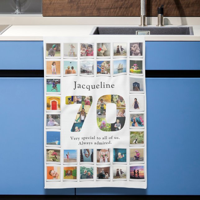 70th Birthday Family Photo Template Kitchen Towel (70th birthday family photo template collage kitchen towel.)