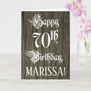70th Birthday: Fancy, Elegant Text; Faux Wood Look Card