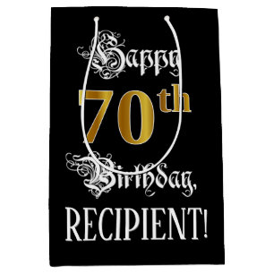 70th Birthday ~ Fancy Script; Faux Gold Look; Name Medium Gift Bag