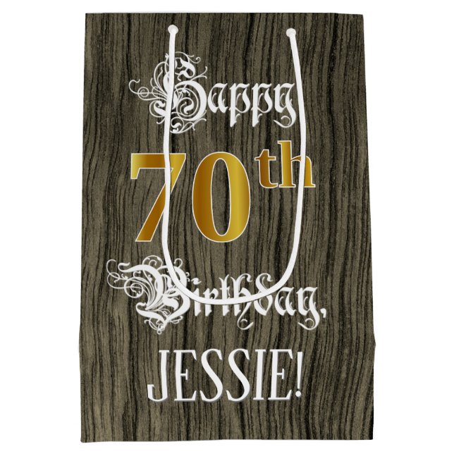 70th Birthday: Faux Gold Look & Faux Wood Pattern Medium Gift Bag (Back)
