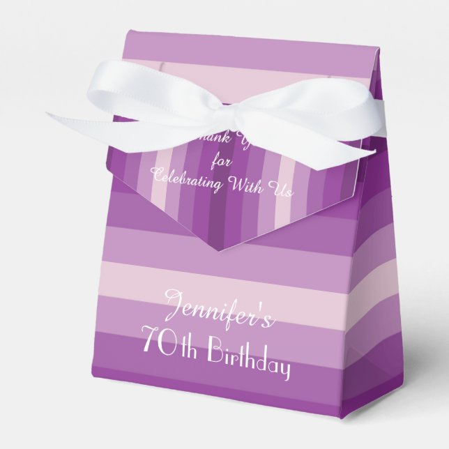 70th Birthday Favor Box, Purple Stripes Favor Boxes (Front Side)