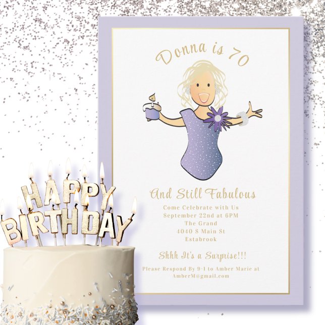 70th Birthday Female Cartoon Blue Gold Fab 70  Invitation (Creator Uploaded)