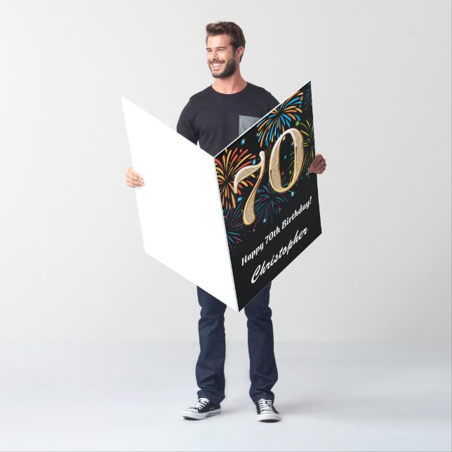70th Birthday Fireworks Black and Gold Extra Large Card (In Situ)