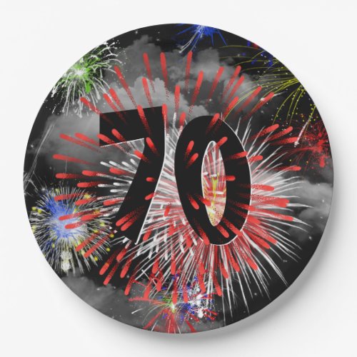 70th Birthday Fireworks In Clouds Paper Plate