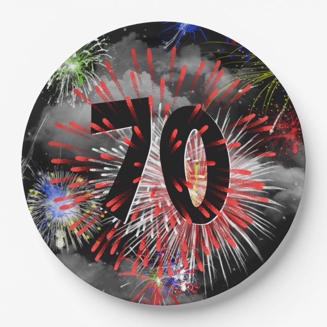 70th Birthday Fireworks In Clouds Paper Plate (Front)