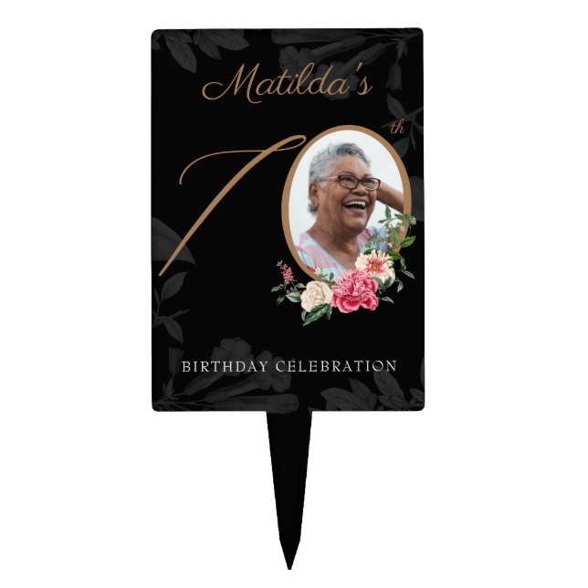 70th Birthday Floral Botanical Black Gold Photo Cake Topper (Front)