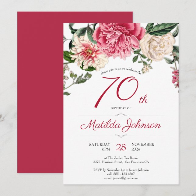 70th Birthday Floral Botanical Elegant Red Party Invitation (Front/Back)