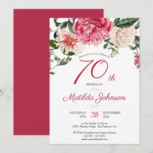 70th Birthday Floral Botanical Elegant Red Party Invitation