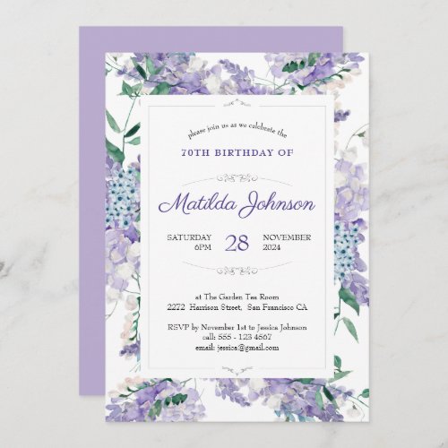 70th Birthday Floral Botanical Purple Watercolor  Invitation