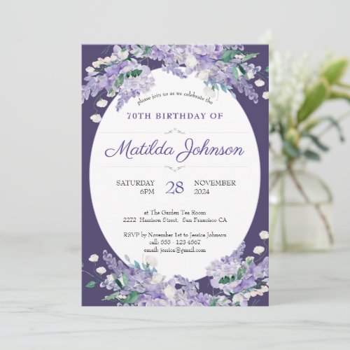 70th Birthday Floral Dark Purple Wisteria Elegant Invitation
