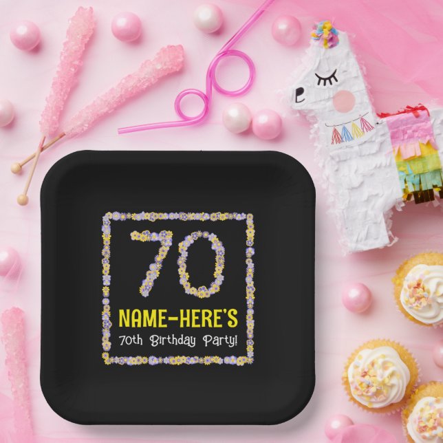 70th Birthday: Floral Flowers Number, Custom Name Paper Plates (Party)