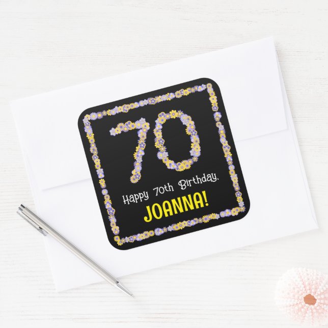 70th Birthday: Floral Flowers Number, Custom Name Square Sticker (Envelope)