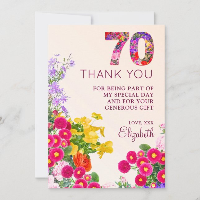 70th birthday floral modern 70 years party thank you card (Front)
