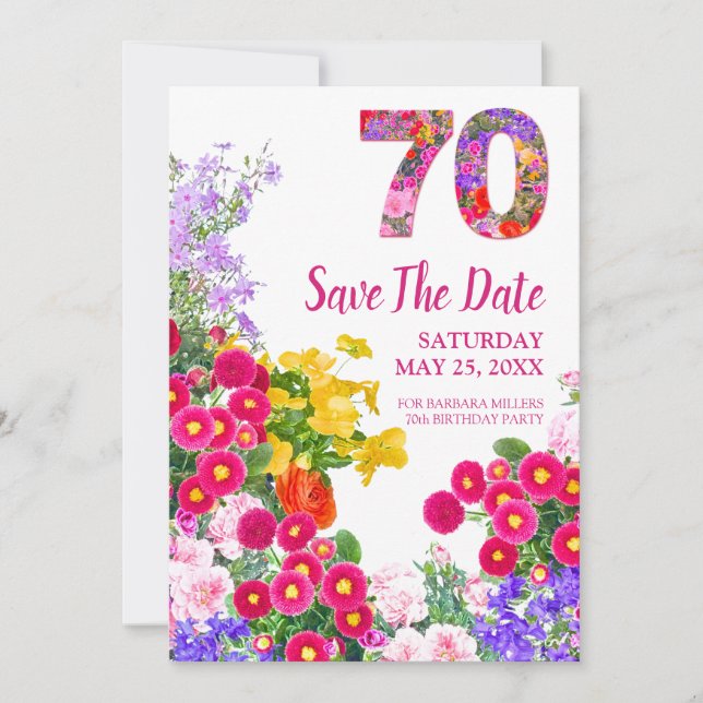 70th birthday floral modern Save The Date Card (Front)
