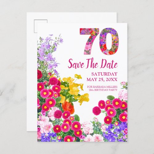 70th birthday floral modern save the date postcard