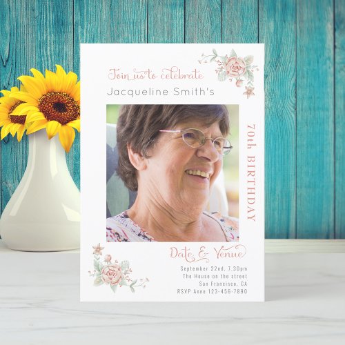 70th Birthday Floral Photo Invitation