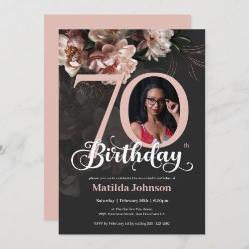 70th Birthday Floral Pink Elegant Custom Photo Invitation