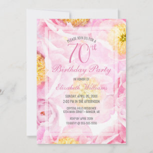 70th Birthday Floral Pink Peony Watercolor Party Invitation