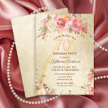 70th Birthday Floral Pink Roses Gold Shimmer Party Invitation<br><div class="desc">Invite your guests in style to a 70th birthday party with this vintage floral flat card invitation. This elegant design template features watercolor roses in shades of pink and peach with green leaves on a gold shimmering background. In the center is a large number "70th" in modern pink typography. Below...</div>