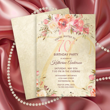 70th Birthday Floral Pink Roses Gold Shimmer Party Invitation by ilovedigis at Zazzle