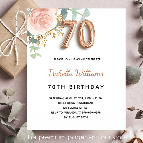 70th birthday floral rose gold budget invitation flyer