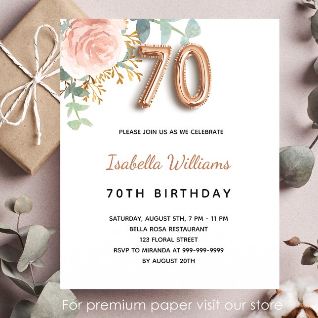 70th birthday floral rose gold budget invitation flyer (Creator Uploaded)