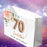 70th birthday floral rose gold eucalyptus birthday large gift bag<br><div class="desc">For an elegant and feminine 70th birthday party. A chic white background. Decorated with a rose gold and blush pink watercolored rose flower, floral, green eucalyptus leaves, sprigs, greenery and faux gold sprigs. Personalize and a name. Black and golden letters. The name is written with a modern hand lettered style...</div>