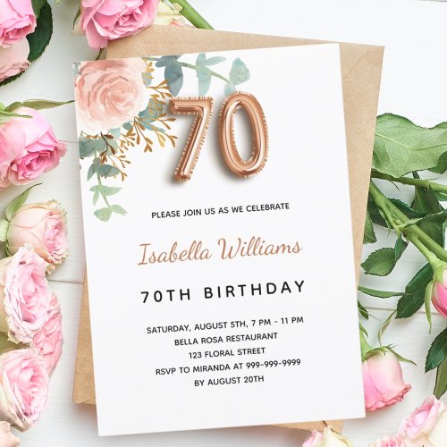 70th birthday floral rose gold eucalyptus greenery invitation