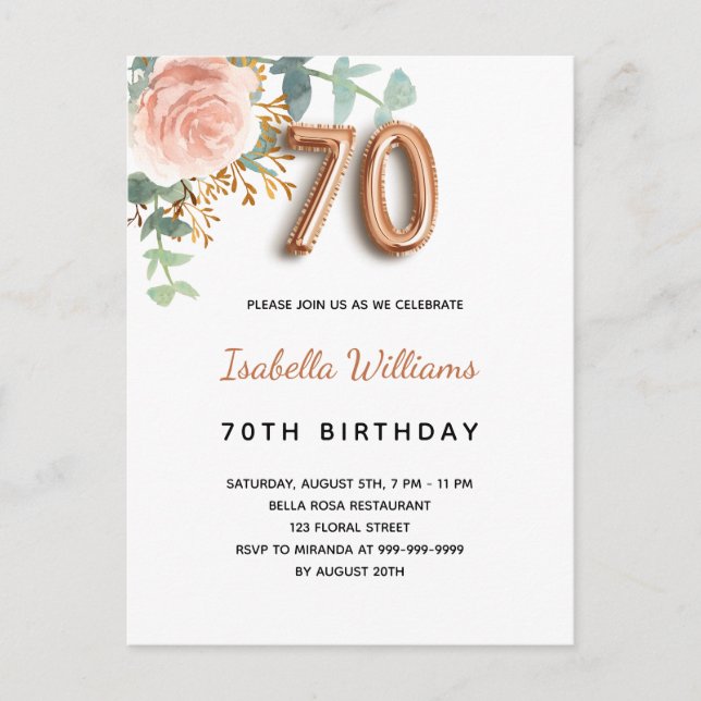 70th birthday floral rose gold eucalyptus greenery invitation postcard (Front)