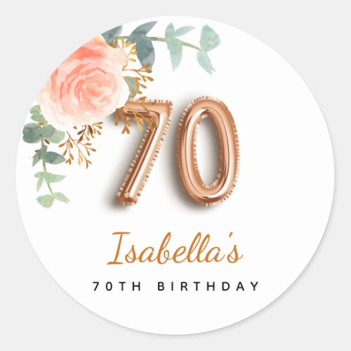 70th birthday floral rose gold eucalyptus monogram classic round sticker