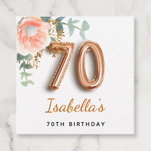 70th birthday floral rose gold eucalyptus monogram favor tags