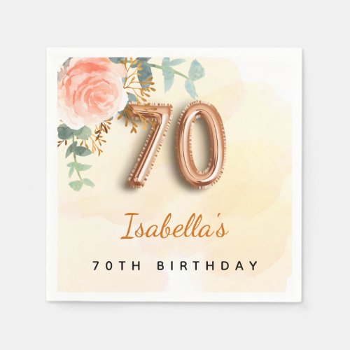 70th birthday floral rose gold eucalyptus monogram napkins