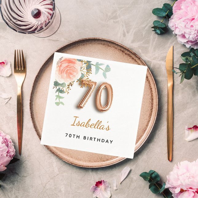 70th birthday floral rose gold eucalyptus monogram napkins (Creator Uploaded)