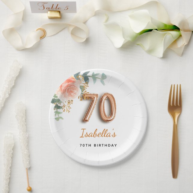 70th birthday floral rose gold eucalyptus monogram paper plates (Wedding)