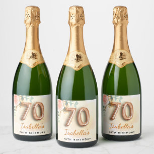 70th birthday floral rose gold eucalyptus monogram sparkling wine label