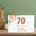 70th Birthday floral rose gold eucalyptus name Guest Book<br><div class="desc">For an elegant and feminine 70th birthday party. A chic white background. Decorated with a rose gold and blush pink watercolored rose flower, floral, green eucalyptus leaves, sprigs, greenery and faux gold sprigs. Personalize and a name and a title. Black and golden letters. The name is written with a modern...</div>