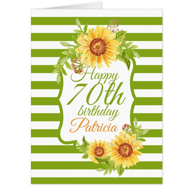 70th Birthday Floral Watercolor Sunflower Green Card (Front)