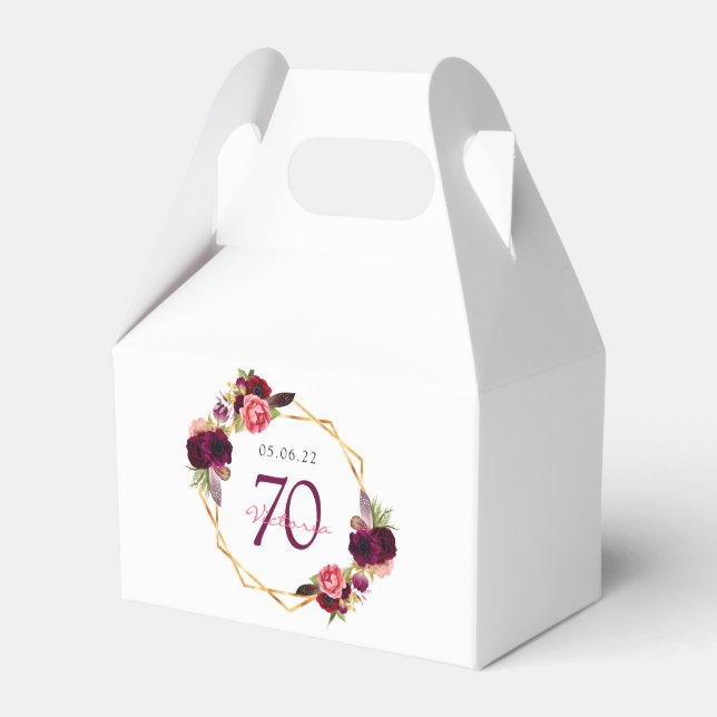 70th birthday florals gold geometric burgundy favor boxes (Front Side)
