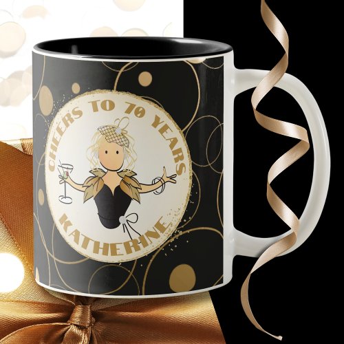 70th Birthday For Her Funny Cartoon Fab Black Gold Two_Tone Coffee Mug