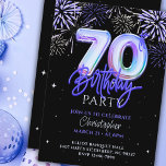 70th Birthday for Him Blue Fireworks Foil Balloon  Invitation<br><div class="desc">Celebrate a milestone birthday in style with our personalized 70th birthday invitation featuring blue iridescent foil balloon numbers! This elegant design showcases a black background adorned with a stunning overlay of blue, purple, silver fireworks and stars, making it the perfect choice for a festive and stylish celebration. The foil balloon...</div>
