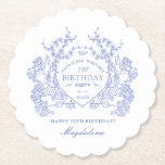 70th Birthday French Blue Floral Crest Custom Paper Coaster<br><div class="desc">An elegant French vintage blue floral crest takes center stage on this timeless custom paper coaster. Ornate,  formal and very feminine will make any birthday lady feel very special. Coordinating party supplies are available.</div>