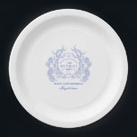 70th Birthday French Blue Floral Crest Custom Paper Plates<br><div class="desc">An elegant French vintage blue floral crest takes center stage on this timeless custom paper plate. Ornate,  formal and very feminine will make any birthday lady feel very special. Coordinating party supplies are available.</div>
