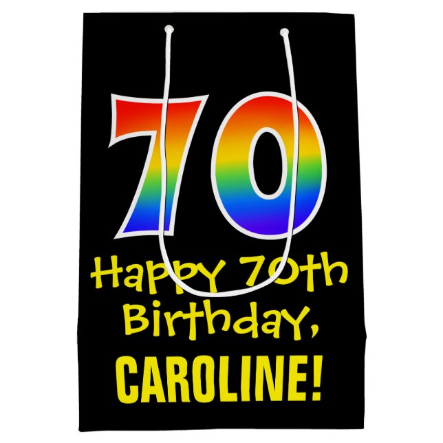 70th Birthday: Fun, Bold, Colorful, Rainbow "70" Medium Gift Bag (Back)