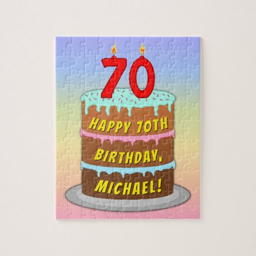 70th Birthday Fun Cake and Candles  Custom Name Jigsaw Puzzle