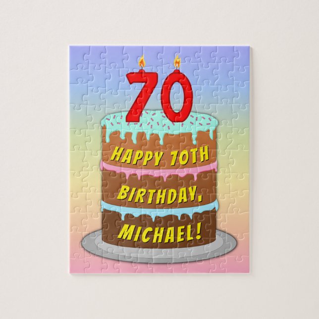 70th Birthday: Fun Cake and Candles + Custom Name Jigsaw Puzzle (Vertical)