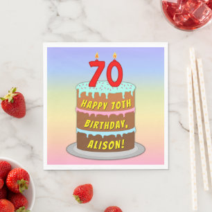 70th Birthday: Fun Cake and Candles + Custom Name Napkins