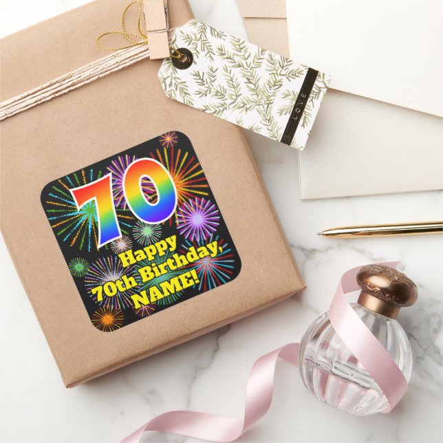 70th Birthday: Fun Fireworks Look, Rainbow # 70 Square Sticker (Gifting)