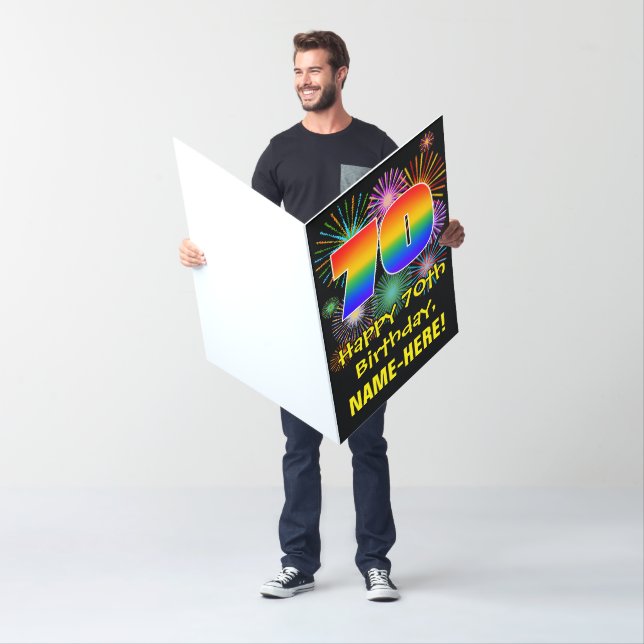 70th Birthday: Fun Fireworks Pattern & Rainbow 70 Card (In Situ)