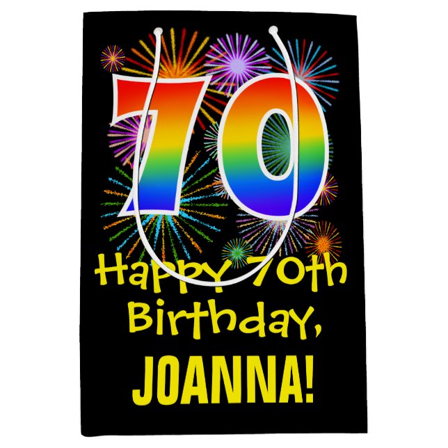 70th Birthday: Fun Fireworks Pattern + Rainbow 70 Medium Gift Bag (Front)
