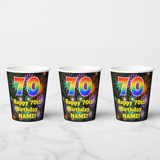 70th Birthday: Fun Fireworks Pattern + Rainbow 70 Paper Cups (Multi)